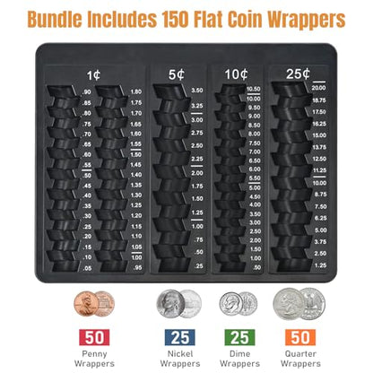 LLIKED 1PCS Black Coin Counter Tray and Sorting Tray with 150 Coin Wrappers - color: Black