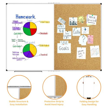 XBoard Magnetic White Board and Bulletin Corkboard Combination, 60 x 48 Inch Foldable Dry Erase & Cork Combo Board for wall with Aluminum Frame, 5' x 4' Notice Memo Board Pin Vision Board - size: 48" x 60"