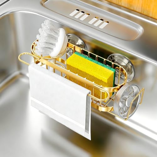 Cisily Kitchen Sink Caddy Sponge Holder in The Sink, Stainless Steel Kitchen Sink Organizer, Brush Holder, Dish Cloth Hanger, Sink Stopper Holder (Suction cup-Gold) - color: Suction cup-Gold