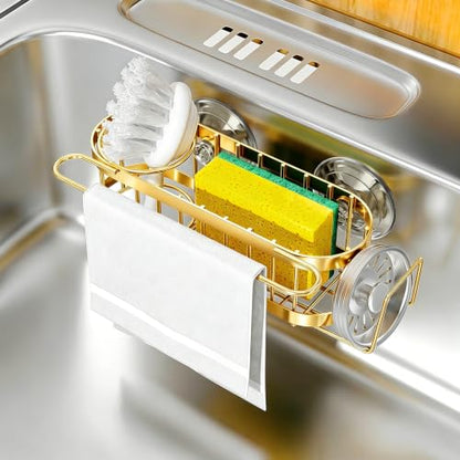 Cisily Kitchen Sink Caddy Sponge Holder in The Sink, Stainless Steel Kitchen Sink Organizer, Brush Holder, Dish Cloth Hanger, Sink Stopper Holder (Suction cup-Gold) - color: Suction cup-Gold