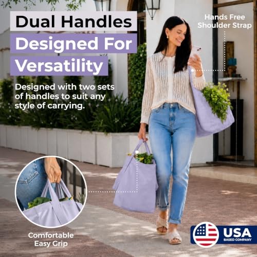 VeraMia Canvas Grocery Bag 3pc XL Set with Real Pockets, Long Shoulder Strap and Short Handle. Heavy Duty, Foldable, Washable - color: Lavender