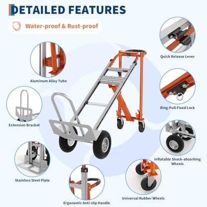 Garvee 4 in 1 Convertible Hand Truck, Folding Aluminum Hand Trucks 1000lb, Heavy Duty Dolly with Wheels, Elastic Straps, Portable Hands Truck for Home, Warehouse, Supermarket, Office