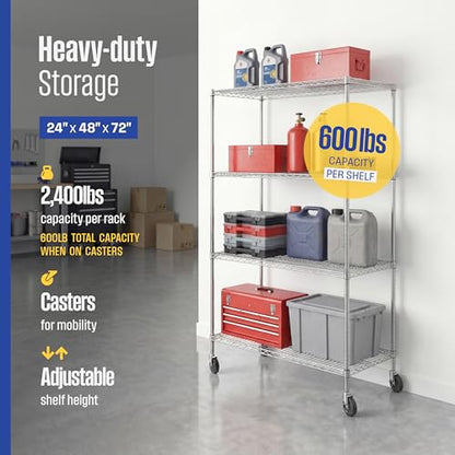 SafeRacks NSF Heavy Duty 4-Tier Steel Wire Rack w/Wheels (24"x48"x72") - color: Silver, size: 24"x48"x72" 4-Tier