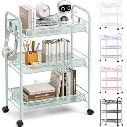 TOOLF 3 Tier Rolling Cart, Metal Utility Storage Cart with Wheels, Green - color: Green, size: 3-Tier