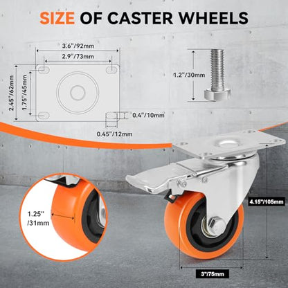 WBD WEIBIDA 3 Inch Swivel Caster Wheels with Brake, Safety Dual Locking Casters Set of 4 Heavy Duty of 1000lbs, Premium Polyurethane Wheels for Furniture and Workbench((Screws and Spanner) - size: 3 INCH