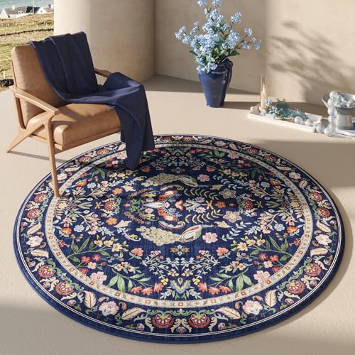 Rugcomf Round Area Rug 4ft Floral Washable Non Slip, Blue - color: Blue, size: 4' (Round)