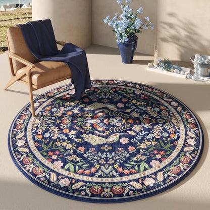 Rugcomf Round Area Rug 4ft Floral Washable Non Slip, Blue - color: Blue, size: 4' (Round)