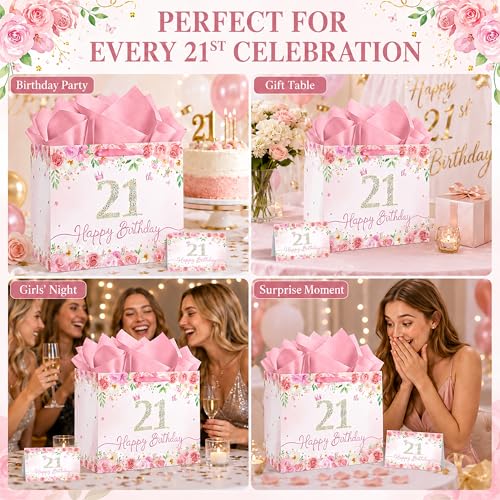 QISOLIY Pink Floral 21st Birthday Gift Bag for Women, Large Happy 21st Birthday Gift Bag with Tissue Paper and Greeting Card Included, Elegant Birthday Present Bag for Daughter, Sister, Best Friend and Her - color: 21th