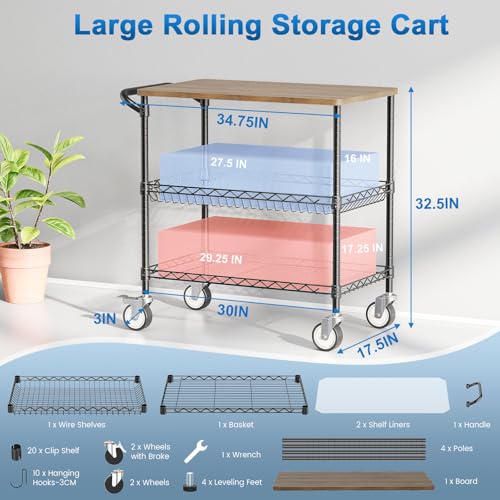 Rolling Kitchen Carts with Wheels, 3-Tier Utility Cart with Wood Tabletop - color: Wood-black