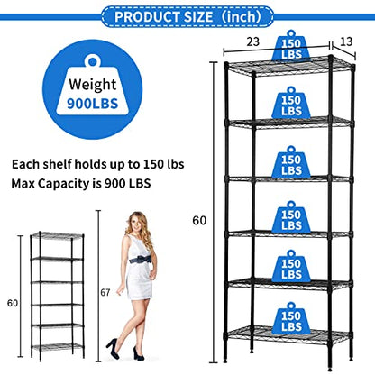 6 Tier Storage Shelves Rack, Adjustable Wire Shelving 23 x 13 x 59 - color: Black, size: 13"D x 23"W x 60"H