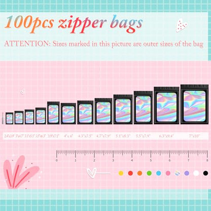 Funfery 100pcs Black Mylar Holographic Bags-Resealable Zipper&Clear Window - color: Black, size: 7 x 10 Inch