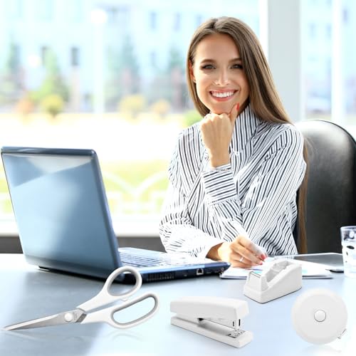 White Desk Accessory Kit Cute Office Supplies Set Desktop Stapler Set Includes Staple Remover Hole Punch Tape Dispenser Ballpoint Pen Scissor Mini Box Cutter Tape Measure Paper Clips Sticky Notes - color: White