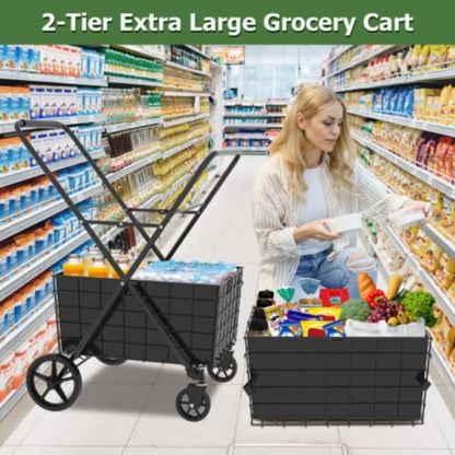 Extra Jumbo Foldable Shopping Cart with 2 Removable Baskets and Waterproof Liner, Heavy Duty Utility Grocery cart on Wheels, Rolling 2-Tier Laundry cart with 360° Swivel Front Wheels (2-Tire) (Black) - color: Black