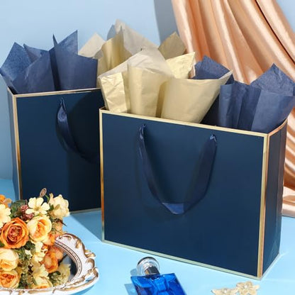ReliThick 12 Pack Paper Gift Bag with Handles & Tissue, Navy Blue, Gold - color: Navy Blue, Gold