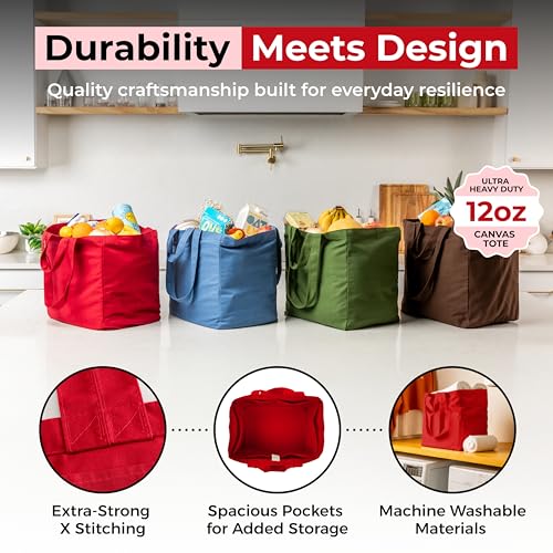 VeraMia Canvas Grocery Bag 3pc XL Set with Real Pockets, Long Shoulder Strap and Short Handle. Heavy Duty, Foldable, Washable - color: Cranberry
