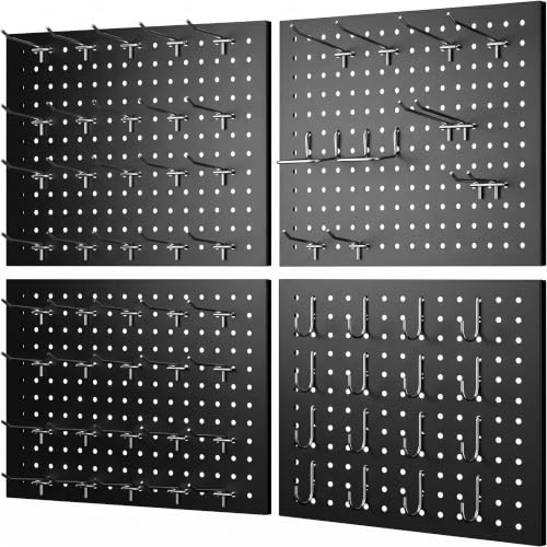 Peg Board, 4-pcs 16" x 12" Metal Pegboard Panels with 70 Hooks, Tool Organizer for Garage, Craft Room, Black