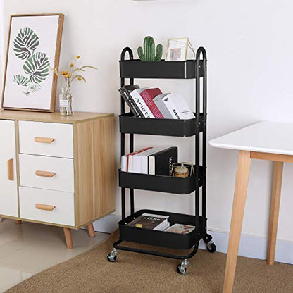4-Tier Metal Mesh Utility Rolling Cart Storage Organizer Shelf Rack with Lockable Wheels for Living Room Kitchen Office, Black - color: B-black