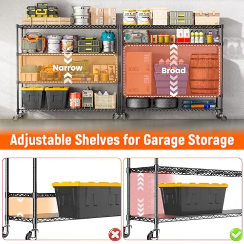 48" W Storage Shelves 1500LBS Metal Shelving Unit with Wheels, Adjustable Garage Shelving Heavy Duty Wire Rack with Liners for Pantry Warehouse Commercial Office, 48" W x 18" D x 76.77" H - size: 48" W x 18" D x 76.77" H-4 Tier