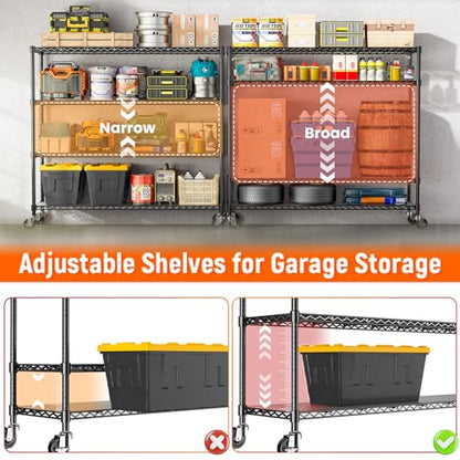 48" W Storage Shelves 1500LBS Metal Shelving Unit with Wheels, Adjustable Garage Shelving Heavy Duty Wire Rack with Liners for Pantry Warehouse Commercial Office, 48" W x 18" D x 76.77" H - size: 48" W x 18" D x 76.77" H-4 Tier