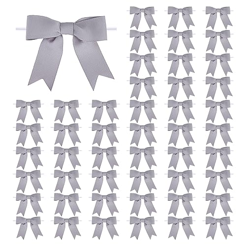 Meseey 50 Pcs 3 Inches Grosgrain Ribbon Twist Tie Bows Silver Grey Pretied Premade Craft Bows for Treat Bags Gift Wrapping Basket Wedding Baby Shower Brithday Christmas Party (Silver) - color: Silver Grey