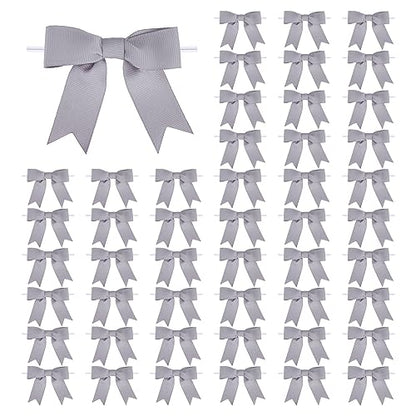 Meseey 50 Pcs 3 Inches Grosgrain Ribbon Twist Tie Bows Silver Grey Pretied Premade Craft Bows for Treat Bags Gift Wrapping Basket Wedding Baby Shower Brithday Christmas Party (Silver) - color: Silver Grey