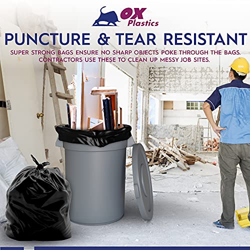 Ox Plastics Trash Can Liners Bags - 45-50 Gallon Capacity & 1.5mil Thick Extra Heavy Duty Strength - Large Garbage, Leak-Proof & Durable, House & Commercial Use Bags Black
