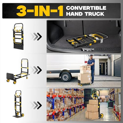 Folding Hand Truck, 600 lbs Heavy Duty 3-in-1 Convertible Dolly Cart - color: Black-3