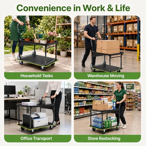 2 Tier Foldable Flatbed Cart, Push Cart Dolly, Removable Top Shelf