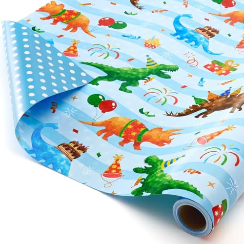 WERNNSAI Dinosaur Reversible Wrapping Paper Birthday Boy, 33 ft Blue Dino - color: Dinosaur C