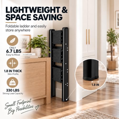 HISMOCAL 3 Step Ladder, Aluminum Folding Step Stool for Closet, Black - color: Black, size: 3 Step