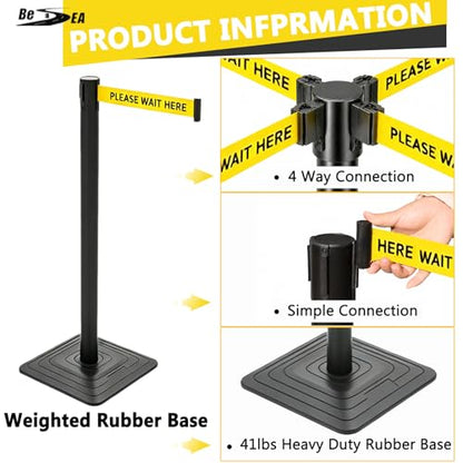 4 Pack Crowd Control Stanchions with 10FT "Please Wait HERE" Yellow Belt - color: PLEASE WAIT HERE BELT