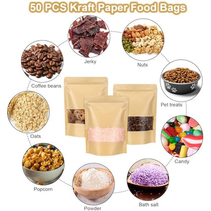 50 Pack Kraft Resealable Bags with Window for Storage (5.5 x 7.3 Inches) - size: 5.5 x 7.3 Inches