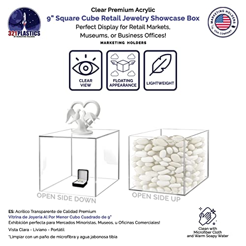 9 Inch Clear Acrylic Display Box with One Open Side No Lid Versatile Square Lucite POP Display One Piece Retail Product Riser or Merchandise Storage Bin No Assembly by Marketing Holders - size: 9"w x 9"d x 9"h