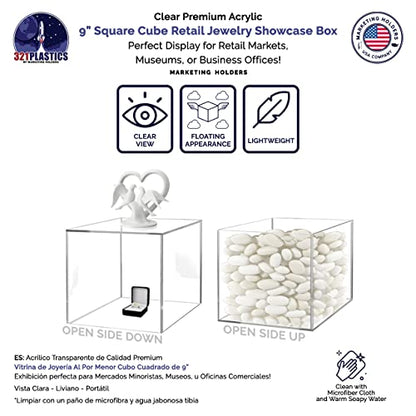 9 Inch Clear Acrylic Display Box with One Open Side No Lid Versatile Square Lucite POP Display One Piece Retail Product Riser or Merchandise Storage Bin No Assembly by Marketing Holders - size: 9"w x 9"d x 9"h