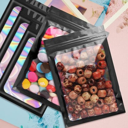 Funfery 100pcs Black Mylar Holographic Bags-Resealable Zipper&Clear Window - color: Black, size: 7 x 10 Inch