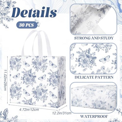 Abbylike 30 Pcs Blue Floral Gift Bags Reusable Large Tote with Handle - style: Blue Flower