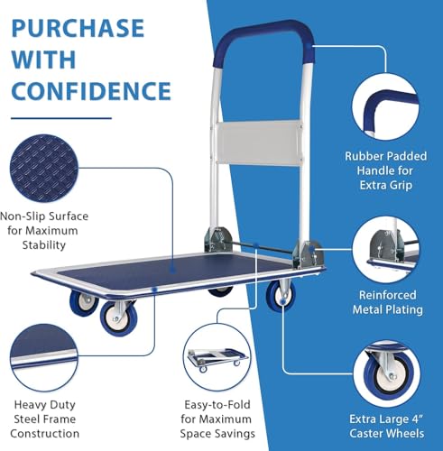Platform Truck with Folding Handle, Heavy Duty Flatbed Push Cart with Non-Slip Deck, 4 Swivel Casters, Compact Warehouse Dolly for Moving Boxes, Office, Garage & Home Use