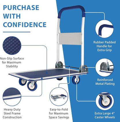 Platform Truck with Folding Handle, Heavy Duty Flatbed Push Cart with Non-Slip Deck, 4 Swivel Casters, Compact Warehouse Dolly for Moving Boxes, Office, Garage & Home Use