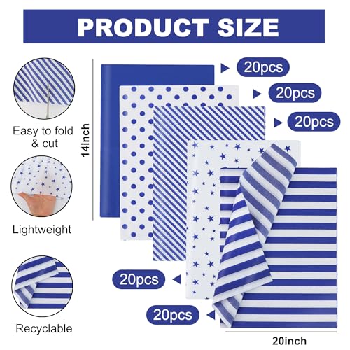 BEISHIDA 100 Sheets Blue White Tissue Paper Bulk for Gift Wrapping Gift Bag - color: bluewhite100