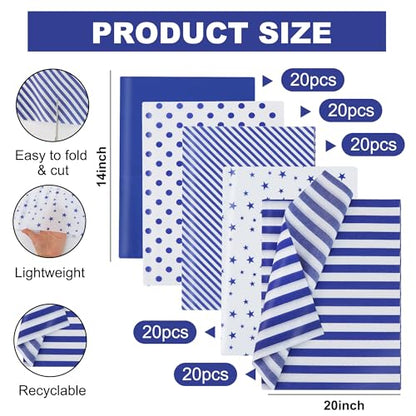 BEISHIDA 100 Sheets Blue White Tissue Paper Bulk for Gift Wrapping Gift Bag - color: bluewhite100