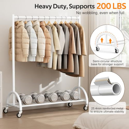 MISSLO Heavy Duty Clothing Rack with Wheels Rolling Clothes Racks for Hanging Clothes, Coats, Garment, Dress, White - color: White, size: 43"W x 14.8"D x 66"H (Large)
