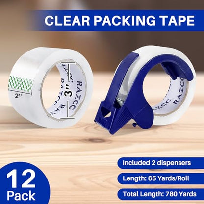 RAZCC Clear Packing Tape, 12 Rolls Heavy Duty Packaging Tape with Dispensers for Packing Shipping Moving and Sealing, Thicker Packing Tape-2" x 65 Yards Per Roll, 780 Total Yards - size: 2"-12 Rolls