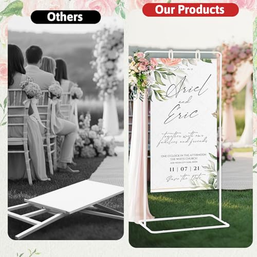 Meiqi Adjustable Wedding Welcome Sign Stand with 4 Leather Hanging Straps, Ground Stakes & Weight Bag - Large Easel for Wedding Signs, Posters, Banners - Perfect for Outdoor Events, Baby Showers (White) - color: White