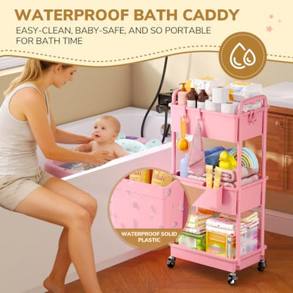 Goovilla Diaper Cart with Lockable Wheels and Easy Assembly, 3 Tier Pink - color: Pink