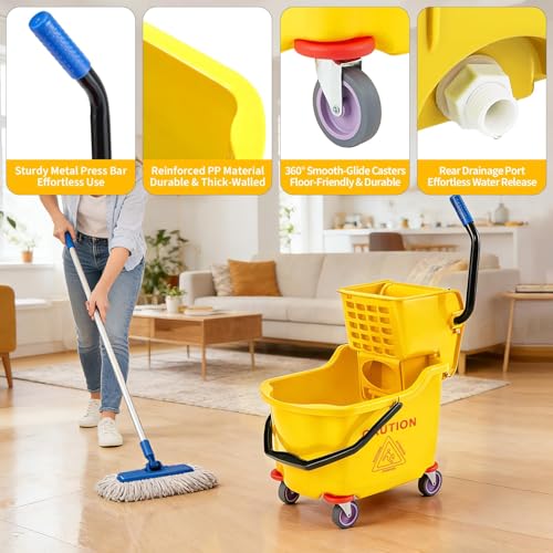 Heavy Duty 32L Commercial Mop & Bucket Set – Double Bucket System with Side Press Wringer, Wheels for Easy Mobility – High Capacity, Durable – Ideal for Industrial, Janitorial, Office,