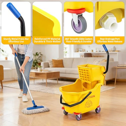 Heavy Duty 32L Commercial Mop & Bucket Set – Double Bucket System with Side Press Wringer, Wheels for Easy Mobility – High Capacity, Durable – Ideal for Industrial, Janitorial, Office,