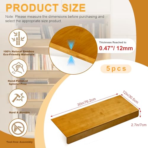 5 Pack Bamboo Wire Shelf Covers,0.47in Thick Snap-On Removable Bamboo Wire Rack Covers, Shelf Covers for Shelving Pantry Bathroom Kitchen Closet(30" W X 12" D) - size: 30" W X 12" D