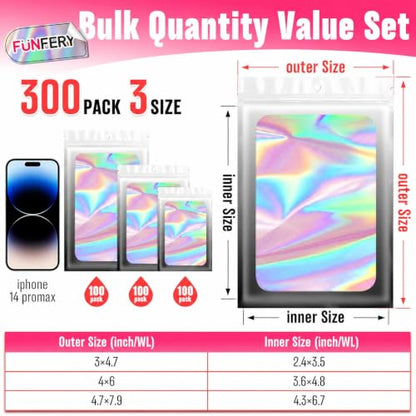Funfery 300 Pack 3Size Mylar Holographic Bags with Clear Window,Black White - color: Black White, size: 3x4.7+4x6+4.7x7.9 Inch