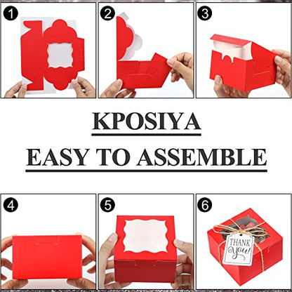 KPOSIYA 60pcs Small Cookie Boxes with Window, 4x4x2.5 Red Bakery Box - color: Red, size: 60