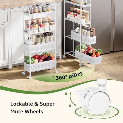 KINGRACK 4 Tier Slim Rolling Cart with Drawer, Metal Utility Storage Cart - color: White, size: 4 Tier-2BKT